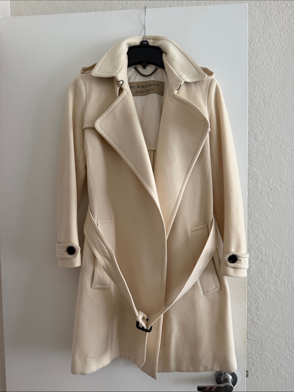 Burberry Cream Double-Breasted Wool Trench Coat with Belt